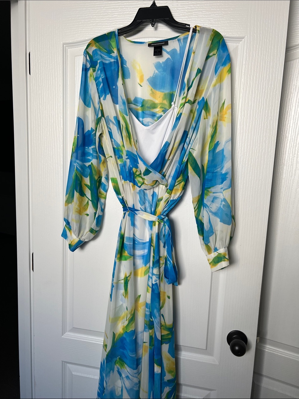 Ashley Stewart White Maxi Dress with Blue and Yellow Floral Print